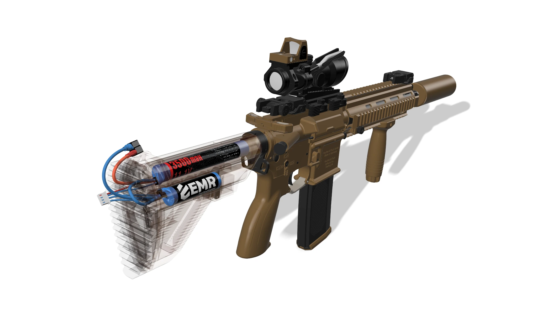 EMR 11.1V 3500mAh iki yaprak airsoft pili HK416 replikasının dipçik tüpüne yerleşmiş