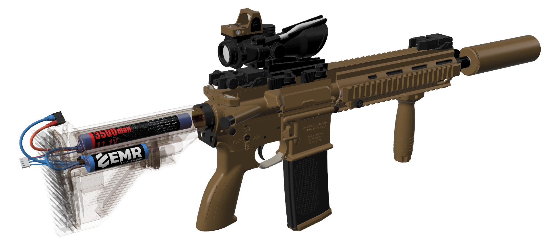 EMR 11.1V 3500mAh iki yaprak airsoft pili HK416 replikasının dipçik tüpüne yerleşmiş
