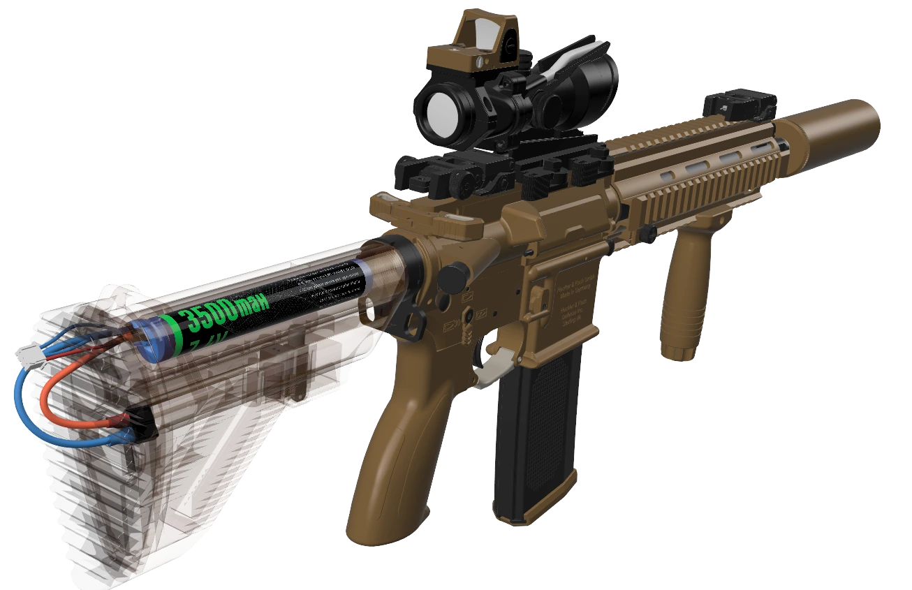 EMR 7.4V airsoft pili HK416 replikasının dipçik tüpünde